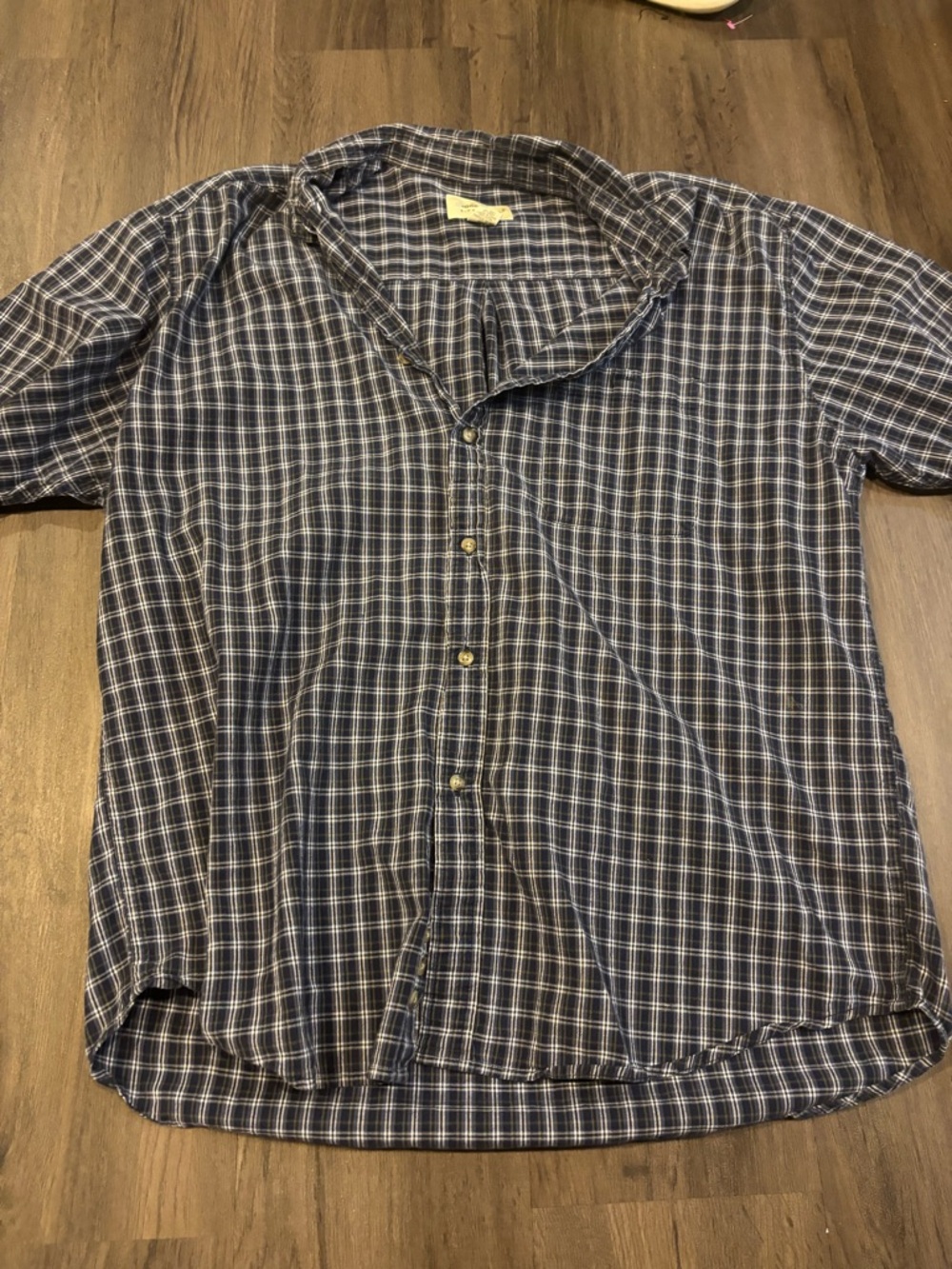 Eddie Bauer Navy and White Plaid Short-Sleeve Button-Down Shirt